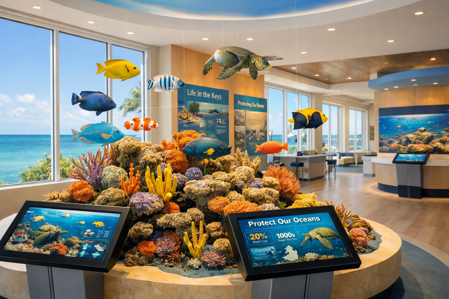 Interactive marine education center exhibit in Florida Keys with coral reef display