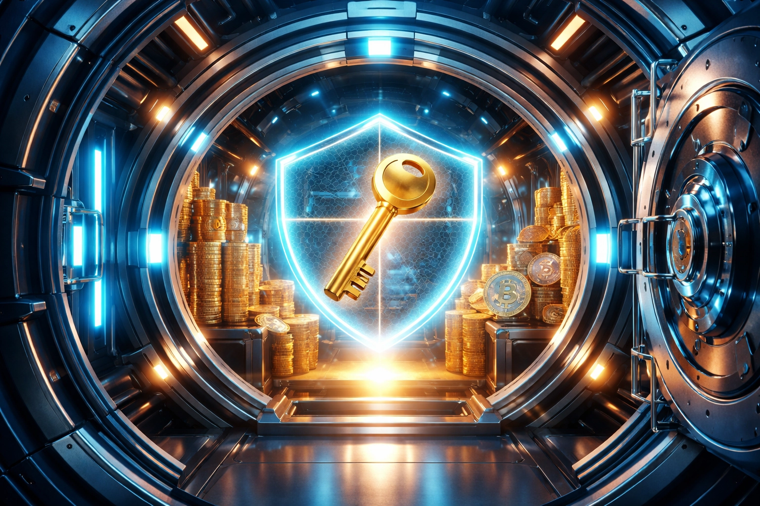 Digital vault symbolizing self-custody in crypto payment gateways, with secure tokens representing merchant control.