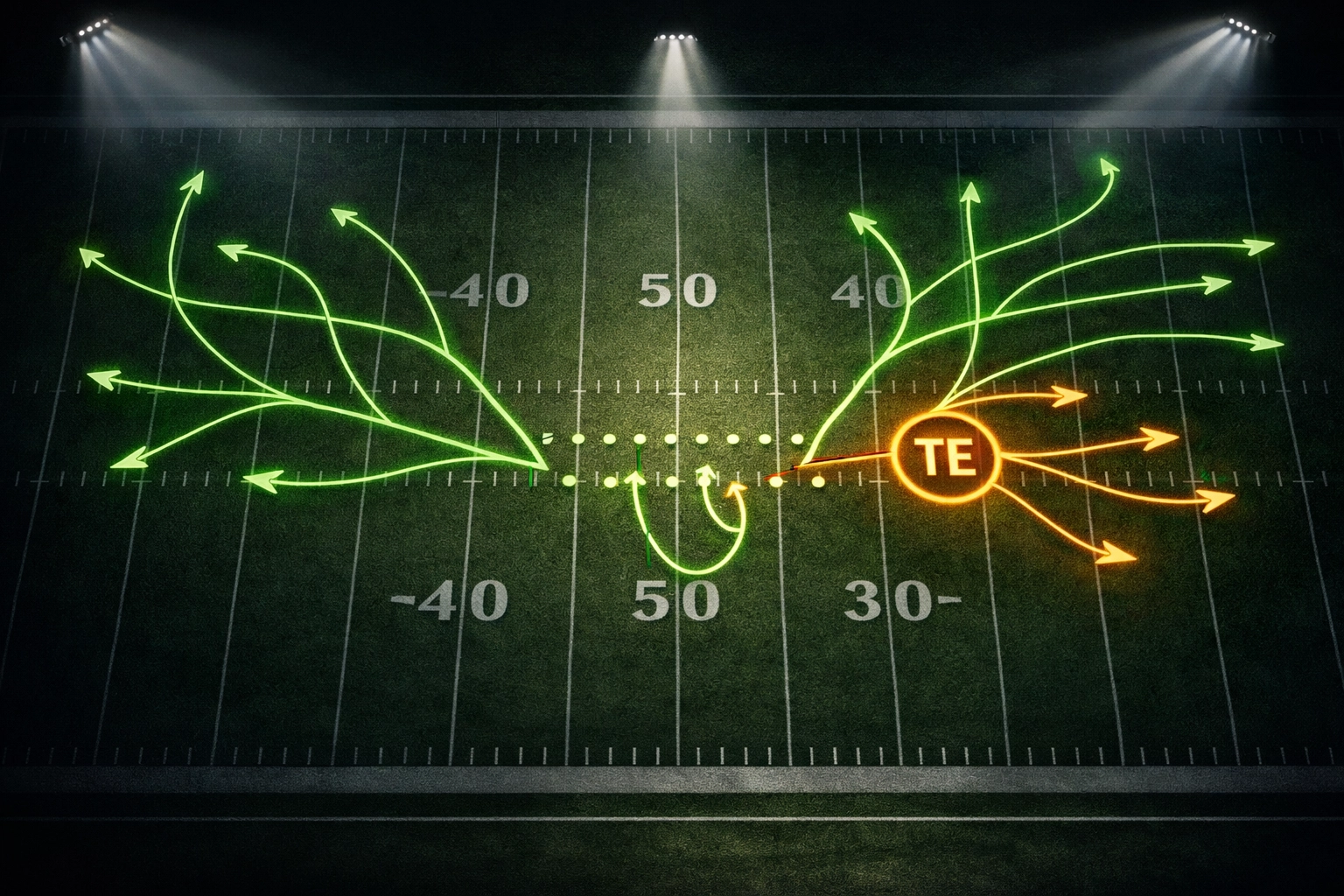 Football route tree diagram showing tight end positioning and play options for scouting analysis