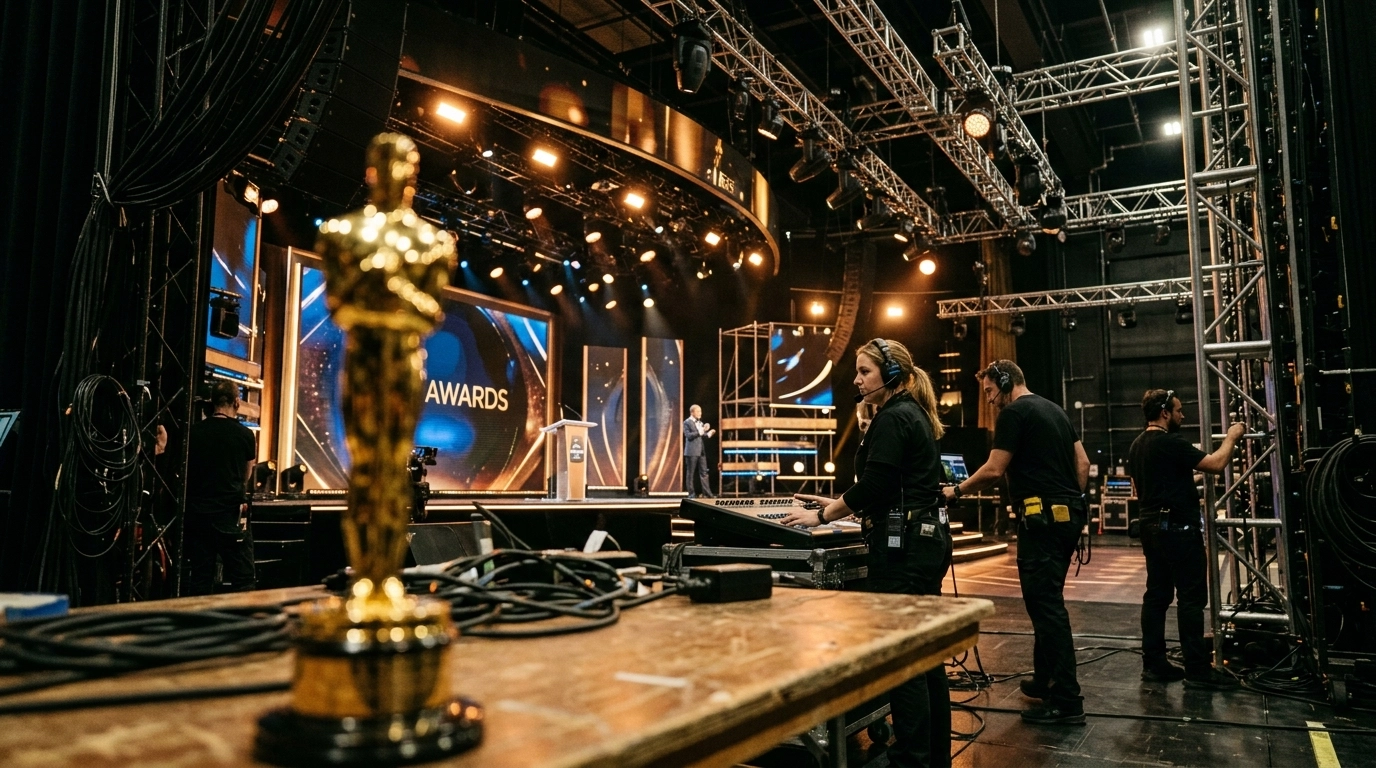 Television award ceremony stage and prestige statue