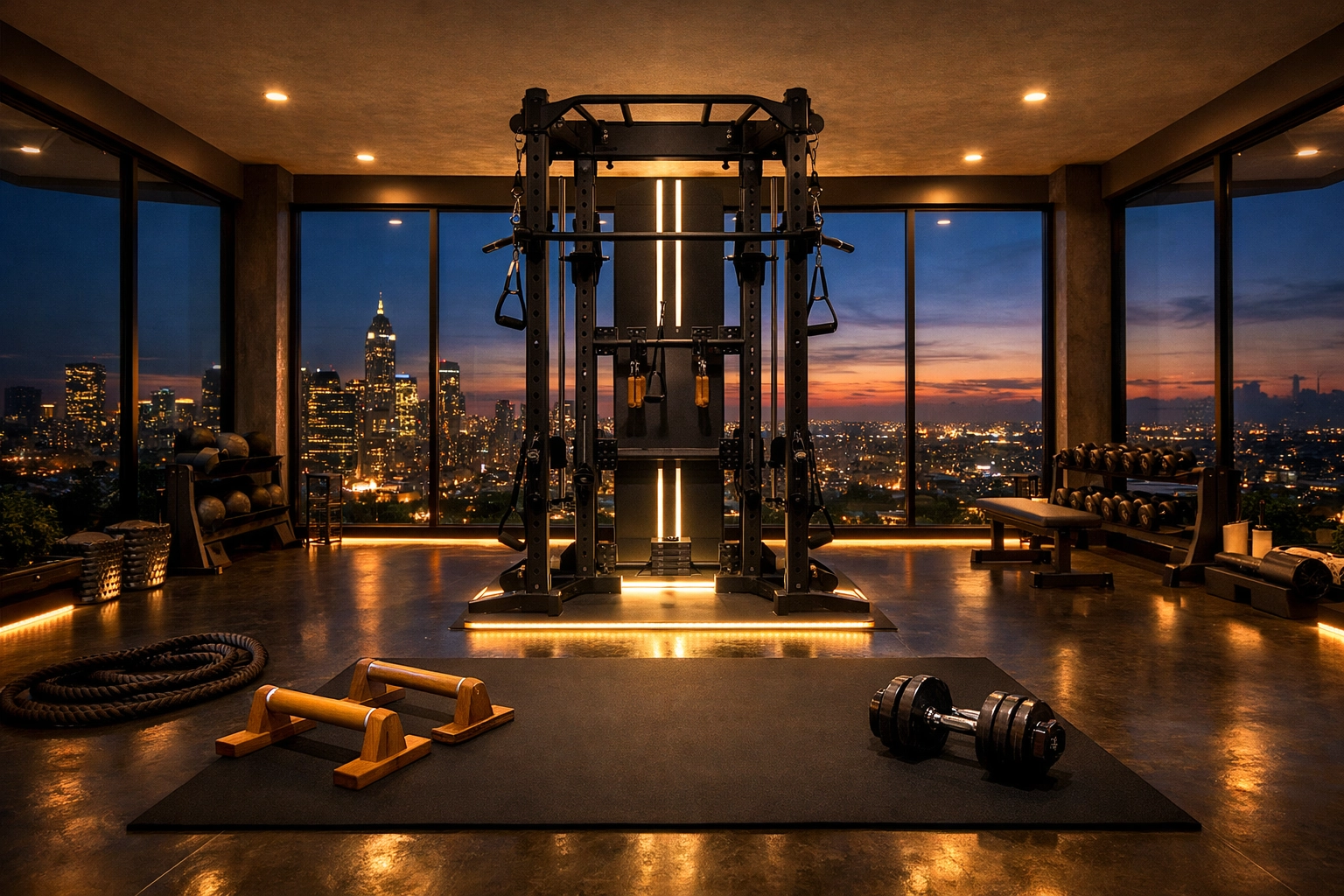 Modern home gym equipment featuring a floor to ceiling gym rail for bodyweight training at home.