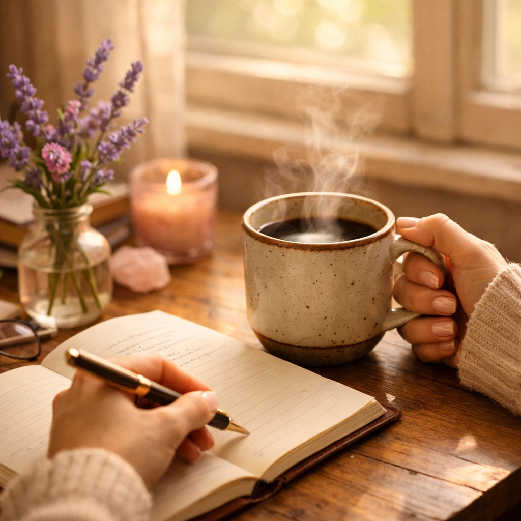 Small business owner journaling with coffee, reflecting on meaningful work and client impact