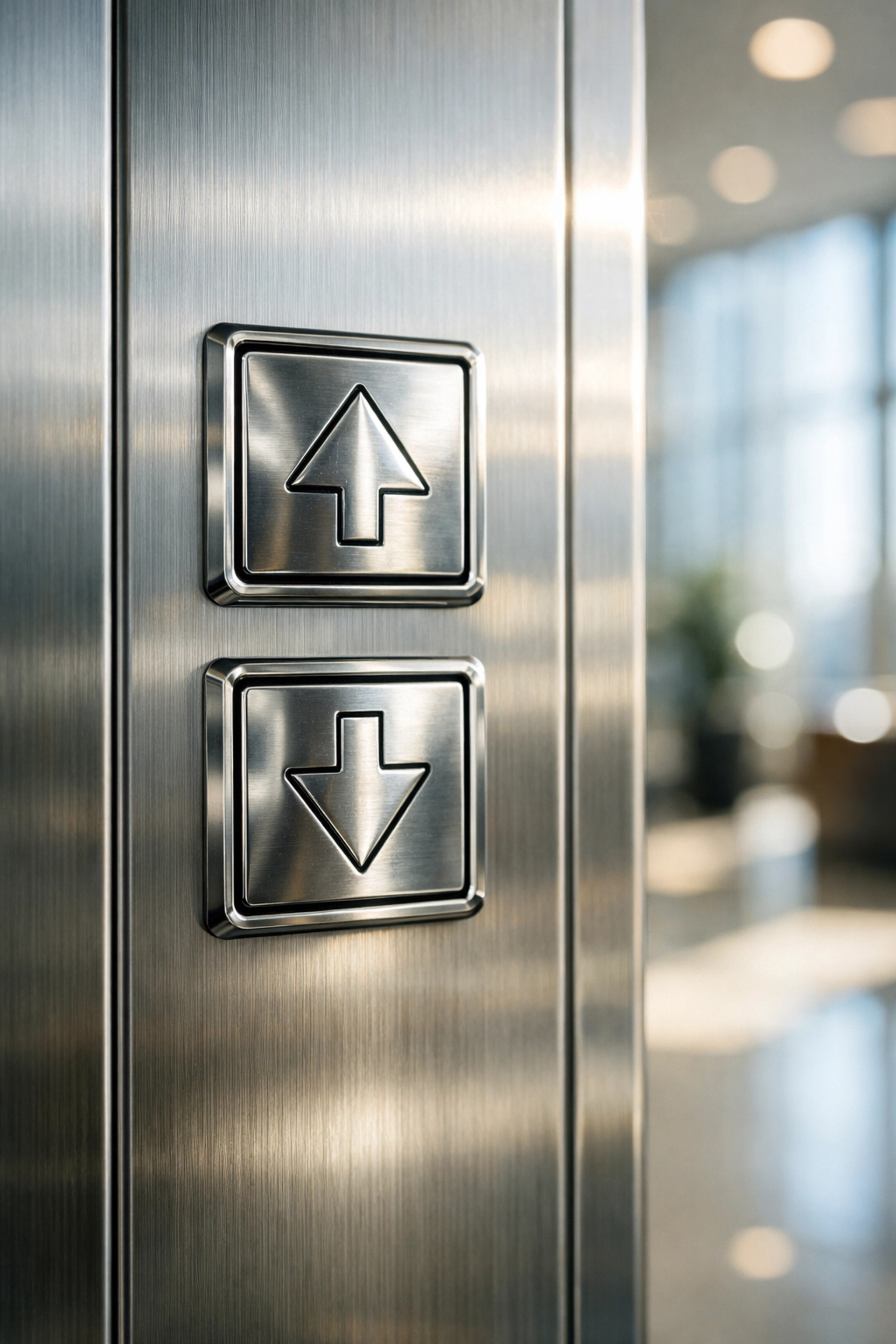 Sanitized stainless steel elevator buttons in a professional Chicago office lobby emphasizing high-touch cleaning.