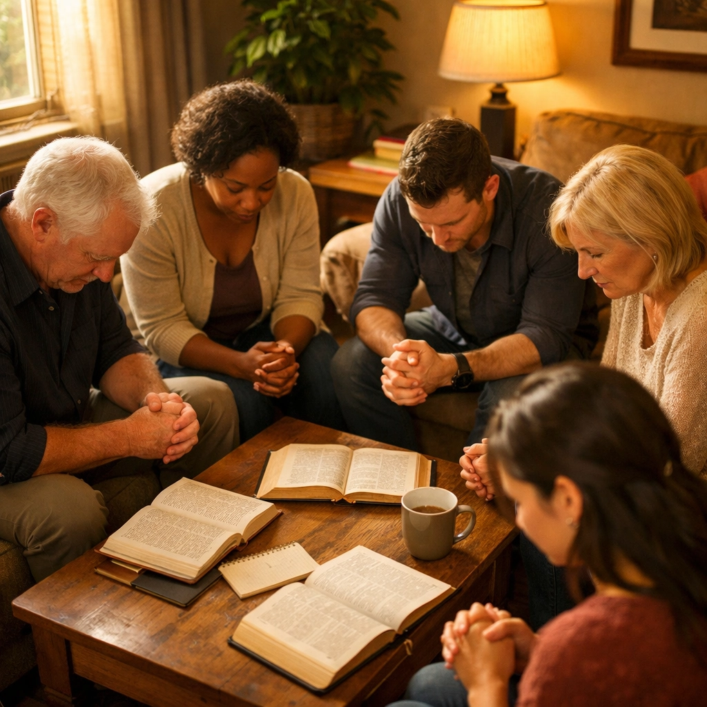 Small group of believers praying together in response to government shutdown