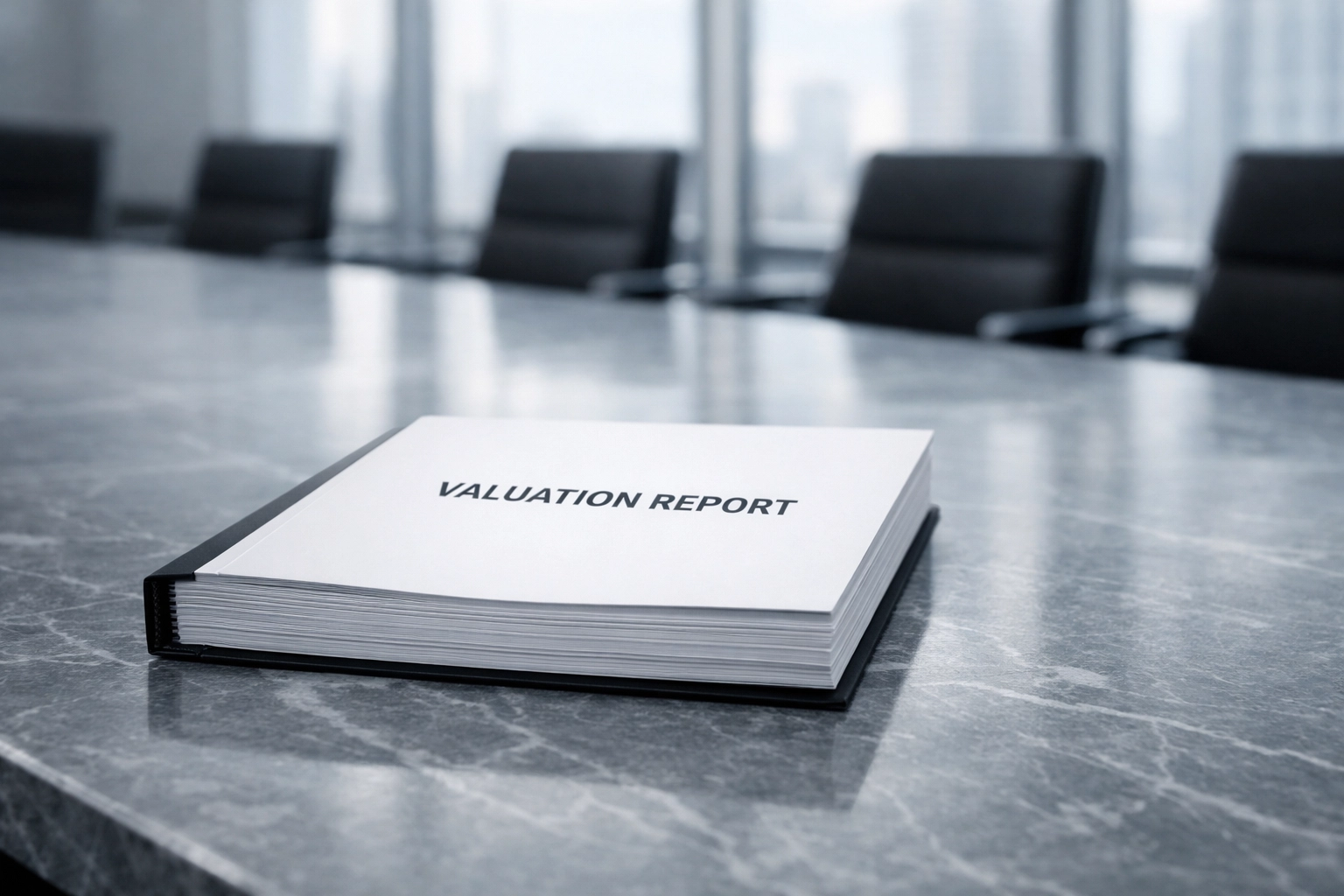 A bound business valuation report on a conference table ready for Alabama business sale negotiations.