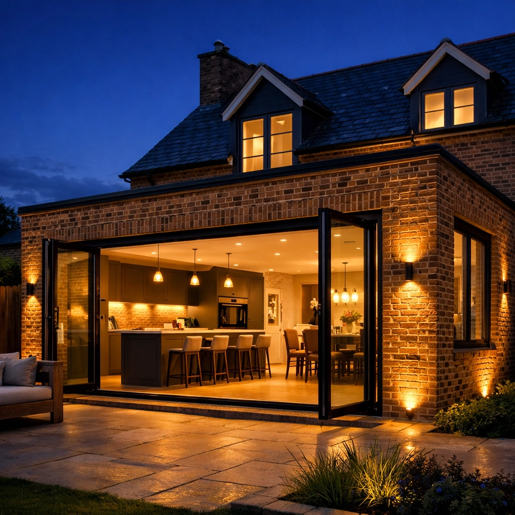 Modern rear house extension in Bognor Regis featuring bi-fold doors and matching masonry.
