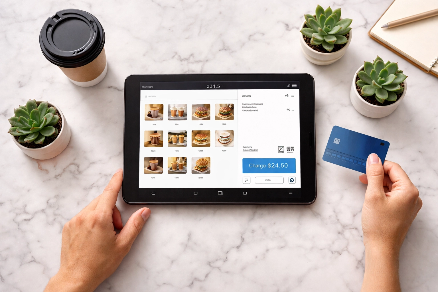 Hands using a tablet POS system on a marble counter in a small business, with a contactless card ready for payment
