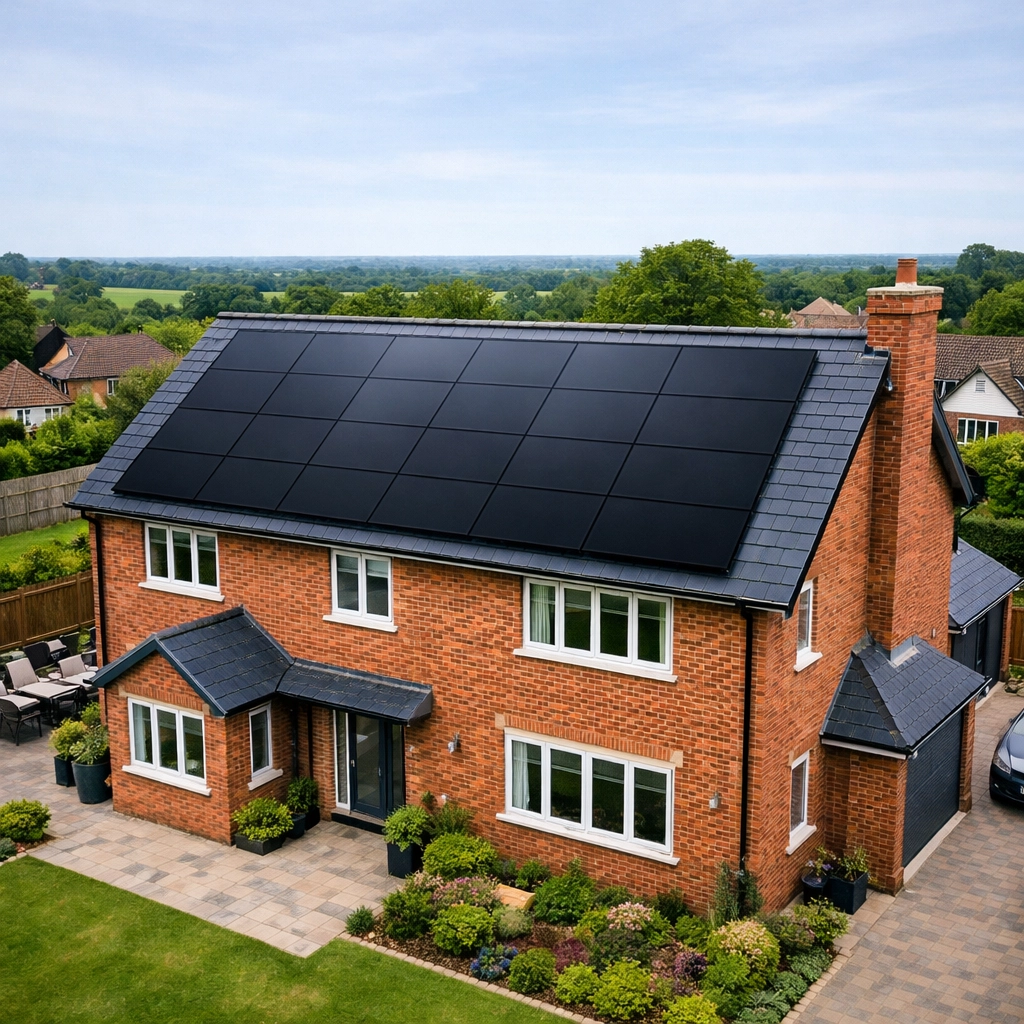 Sleek black-on-black solar panels installed on a traditional British detached home for energy independence.