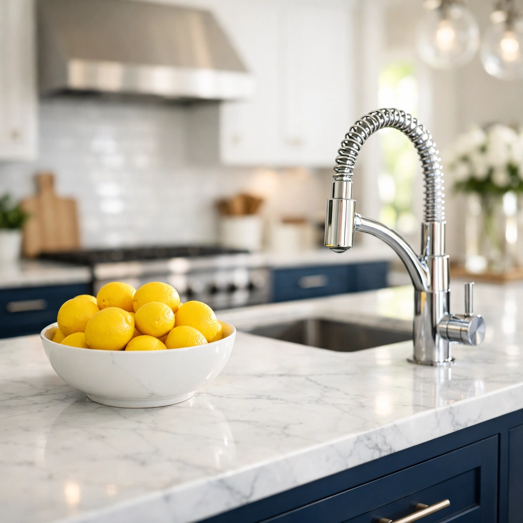 Bright modern kitchen with polished marble countertops reflecting a standard professional maintenance cleaning.