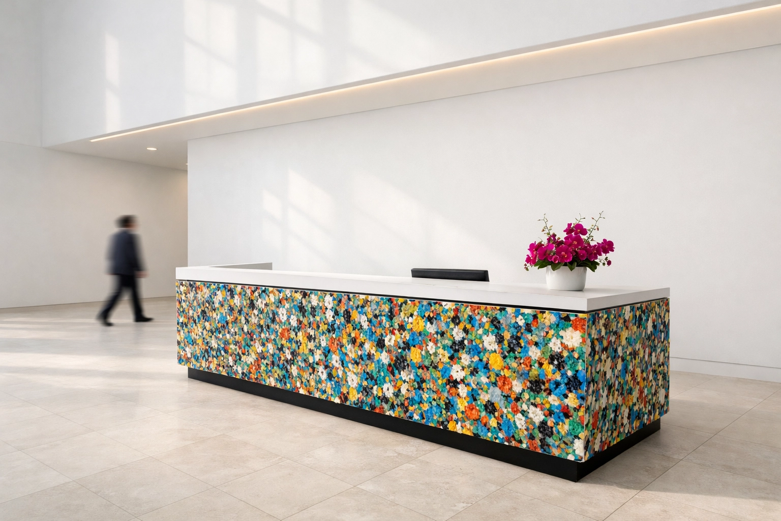 Modern commercial foyer featuring a sustainable reception desk made from 100% recycled plastic panels in Australia.