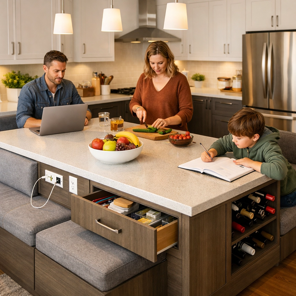 Multi-functional kitchen island with built-in seating perfect for Orlando family gatherings and storage