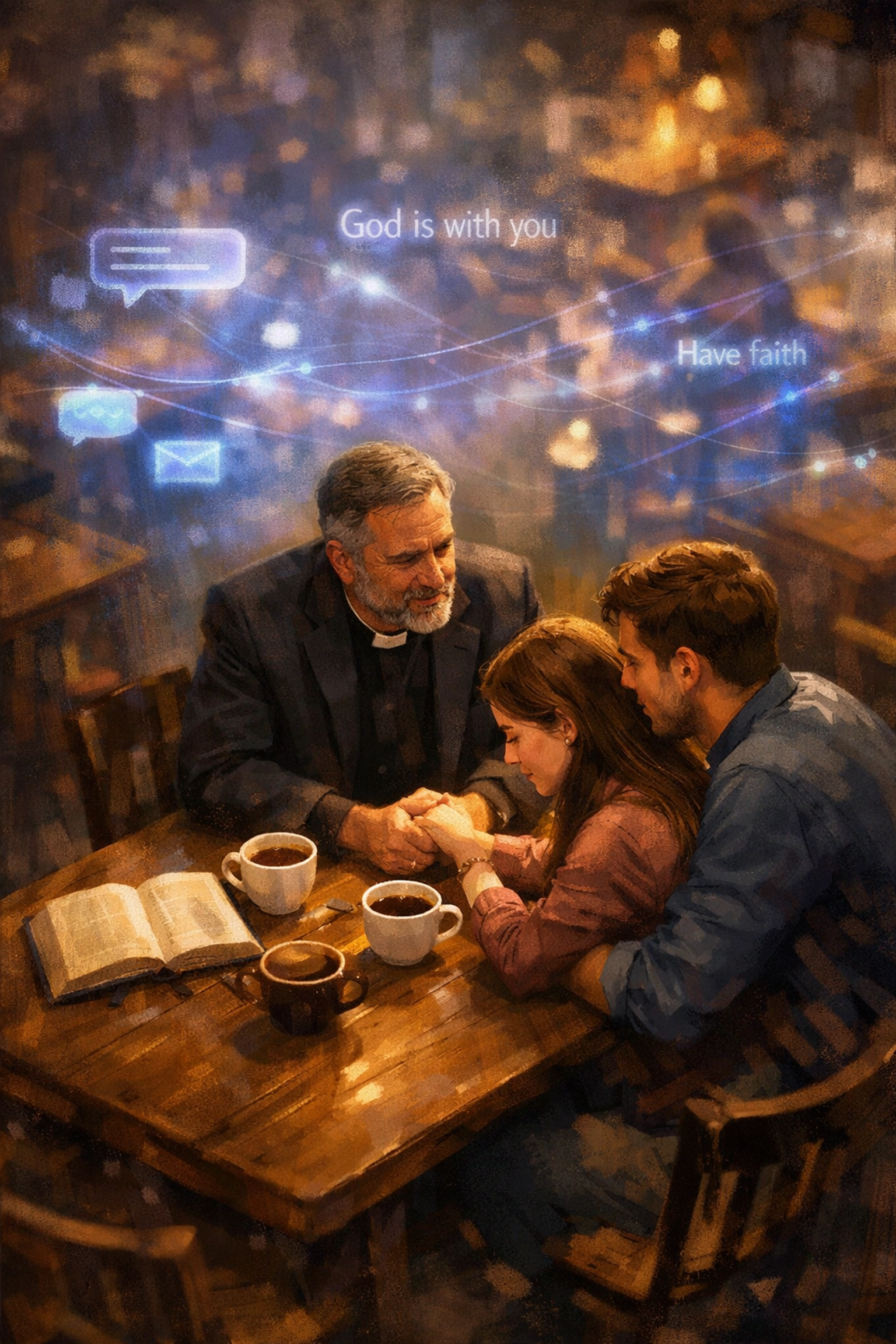 Pastor counseling couple in coffee shop with AI-powered ministry tools working invisibly