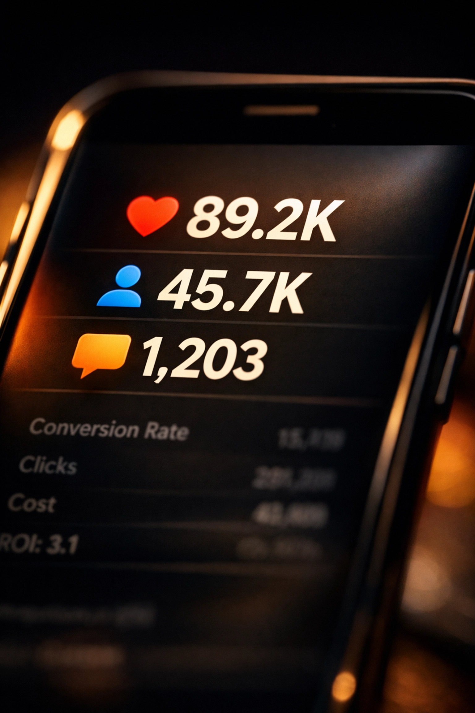 Smartphone screen highlighting vanity metrics like likes and followers while ignoring conversion data