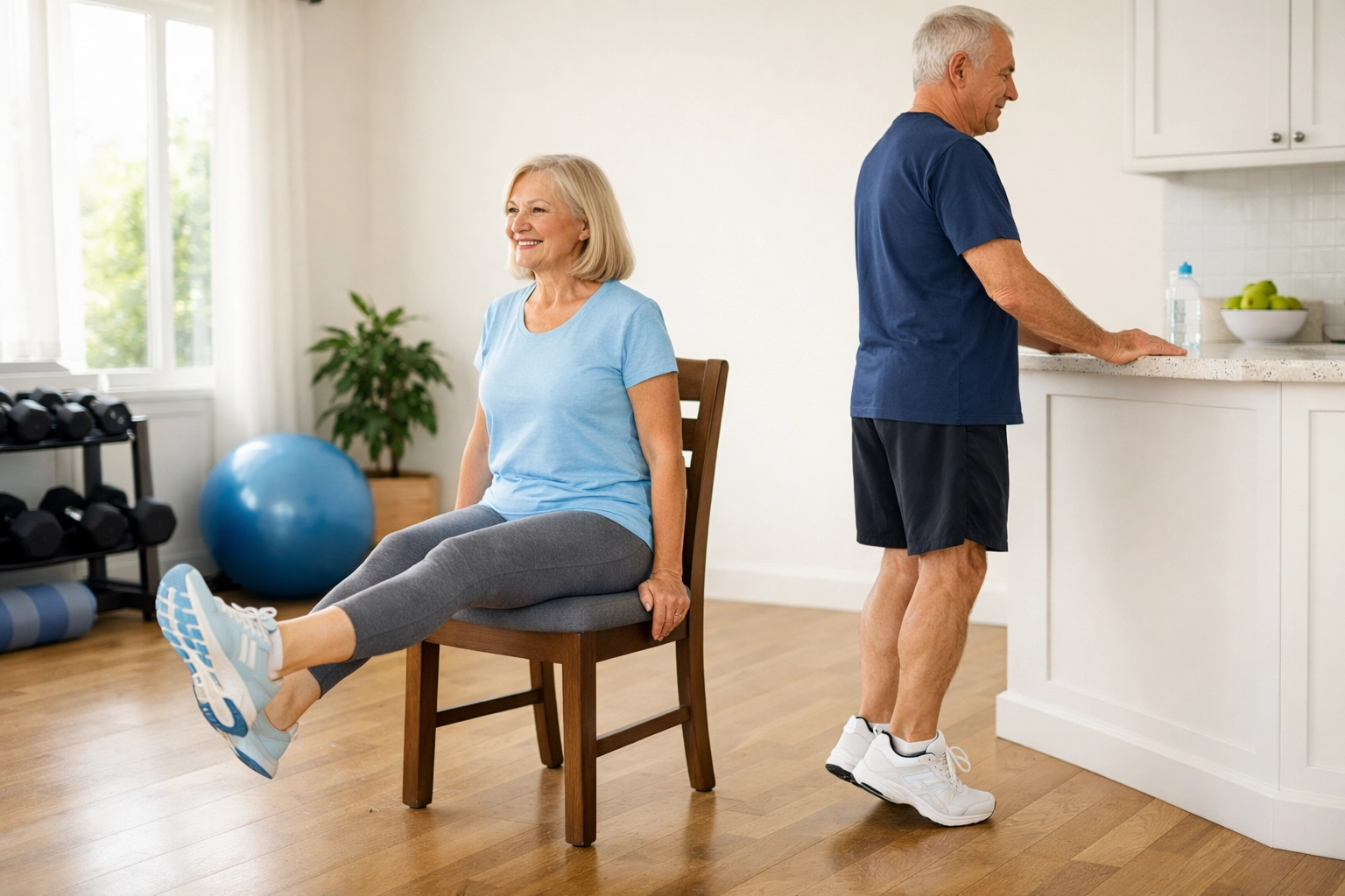 Senior couple performing strength exercises for fall prevention at home