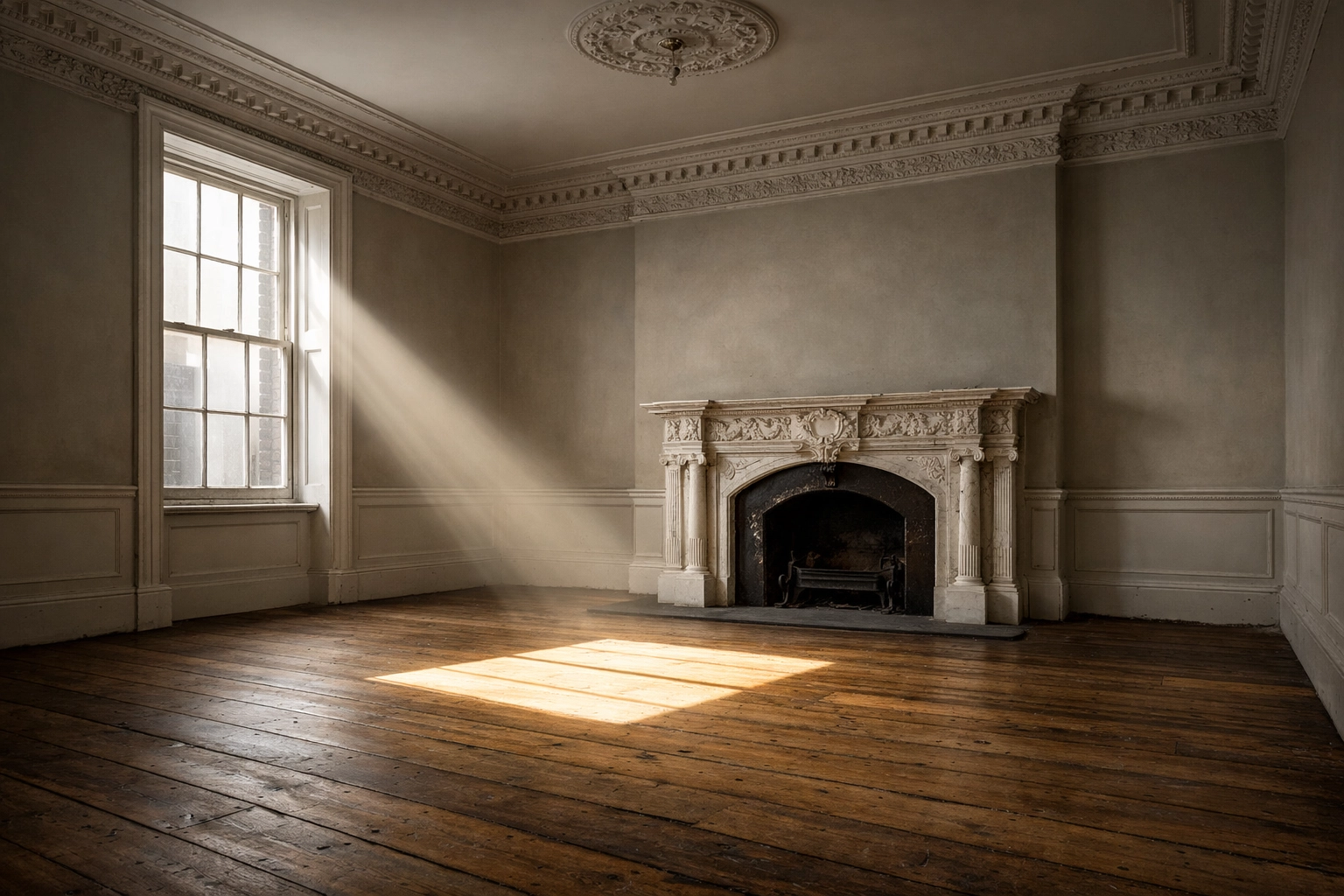 Empty period room with a marble fireplace prepared for the start of a home construction project.
