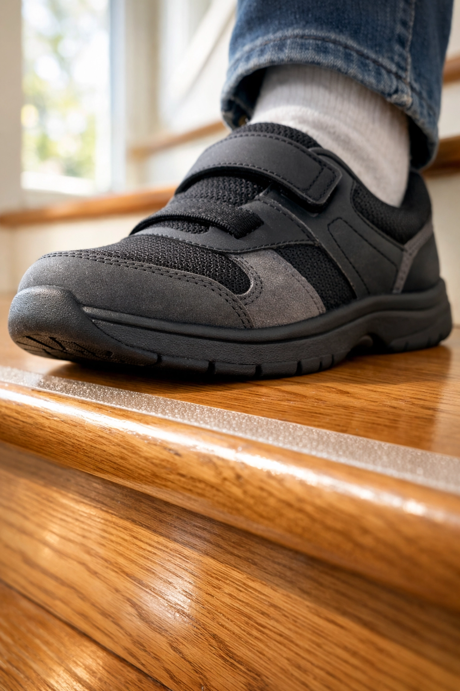 Close-up of a foot on a wooden stair with a clear anti-slip adhesive strip for improved traction and fall prevention.