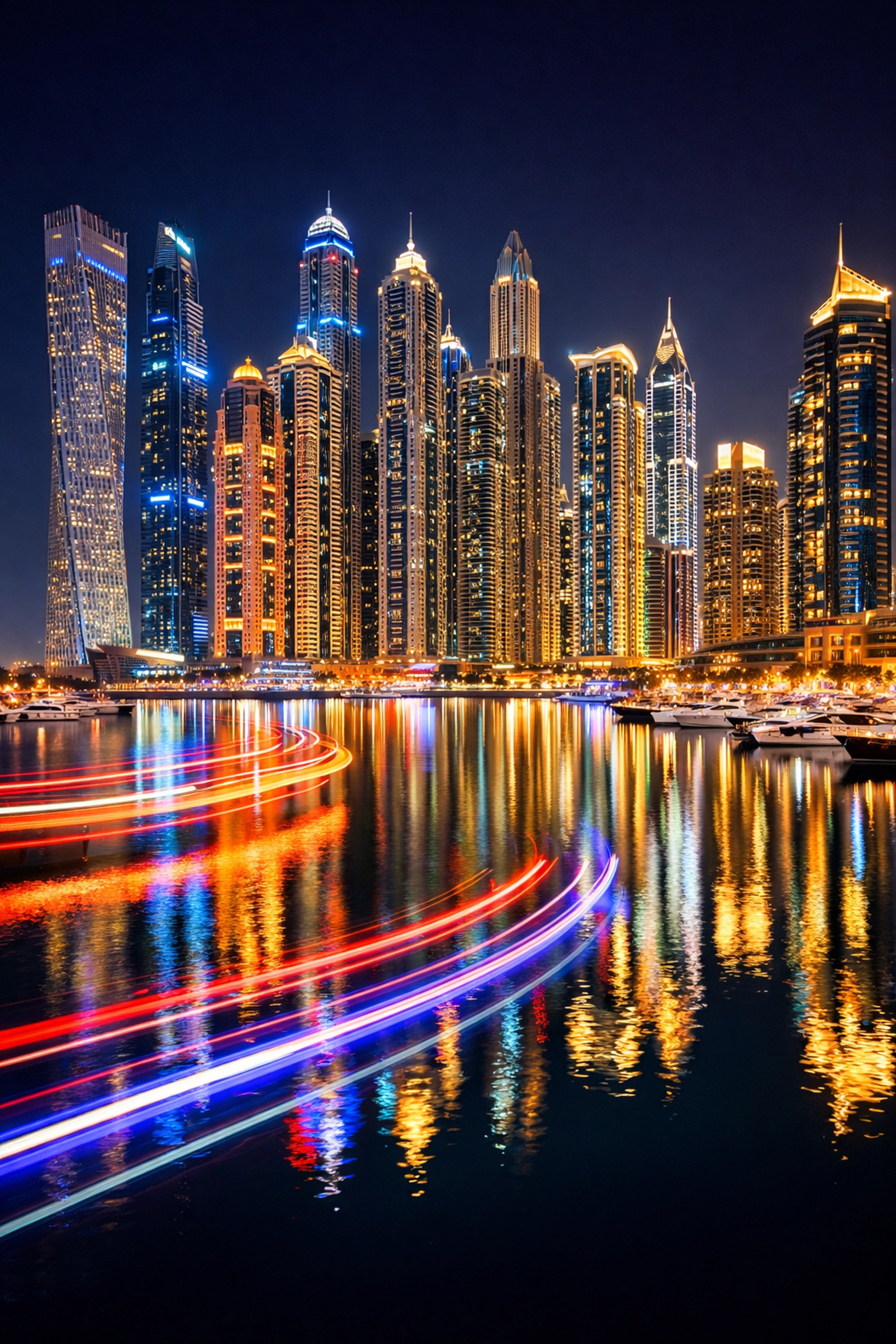 Top 10 Iconic Instagrammable Places You Need to Visit Before Your Battery Dies 3 Night view of Dubai Marina skyscrapers with glowing lights, a stunning photo spot for architectural photography.