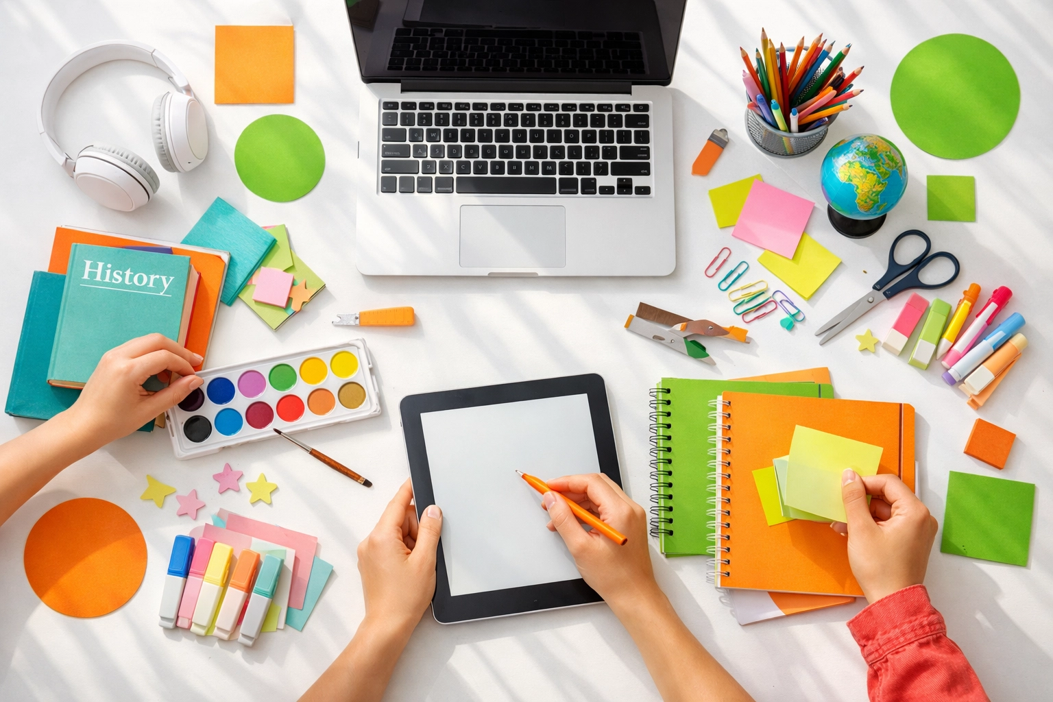 Teen's self-directed learning workspace with laptop, books, and study materials