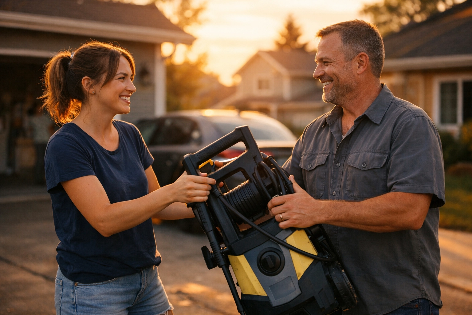 Neighbors sharing a pressure washer in driveway demonstrating community equipment rental