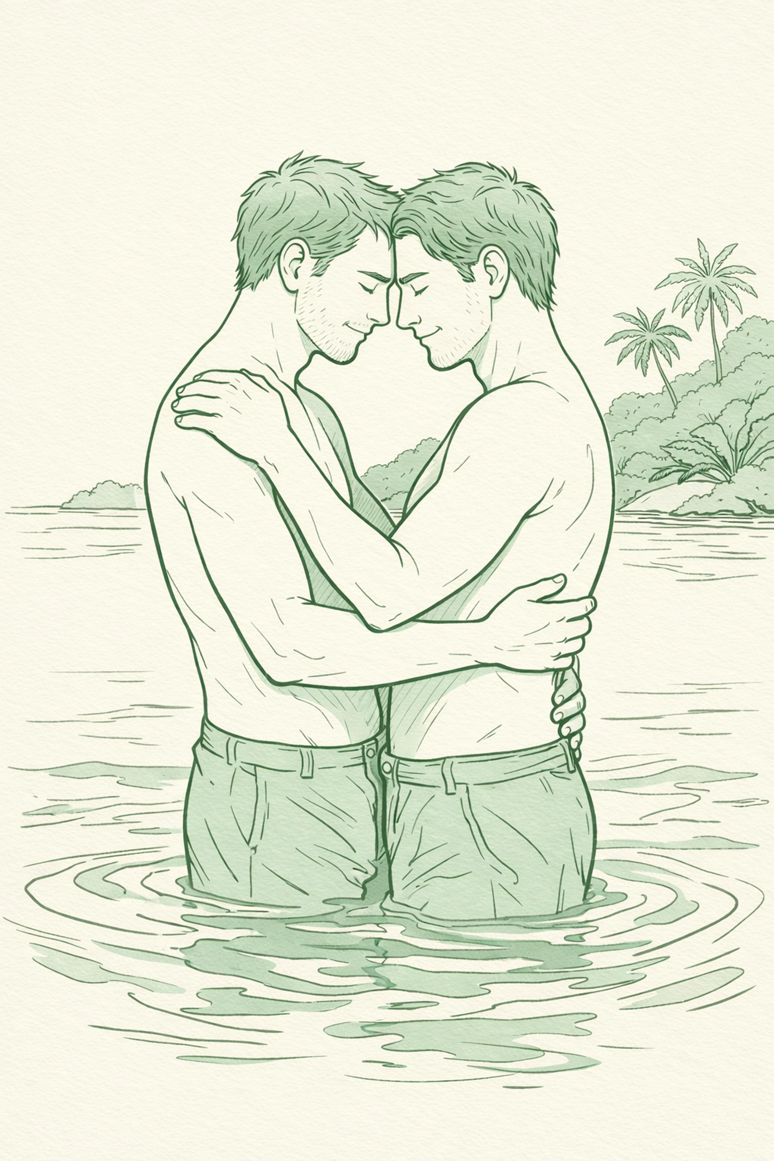 Two men embracing in tropical water showing romantic connection in MM love story