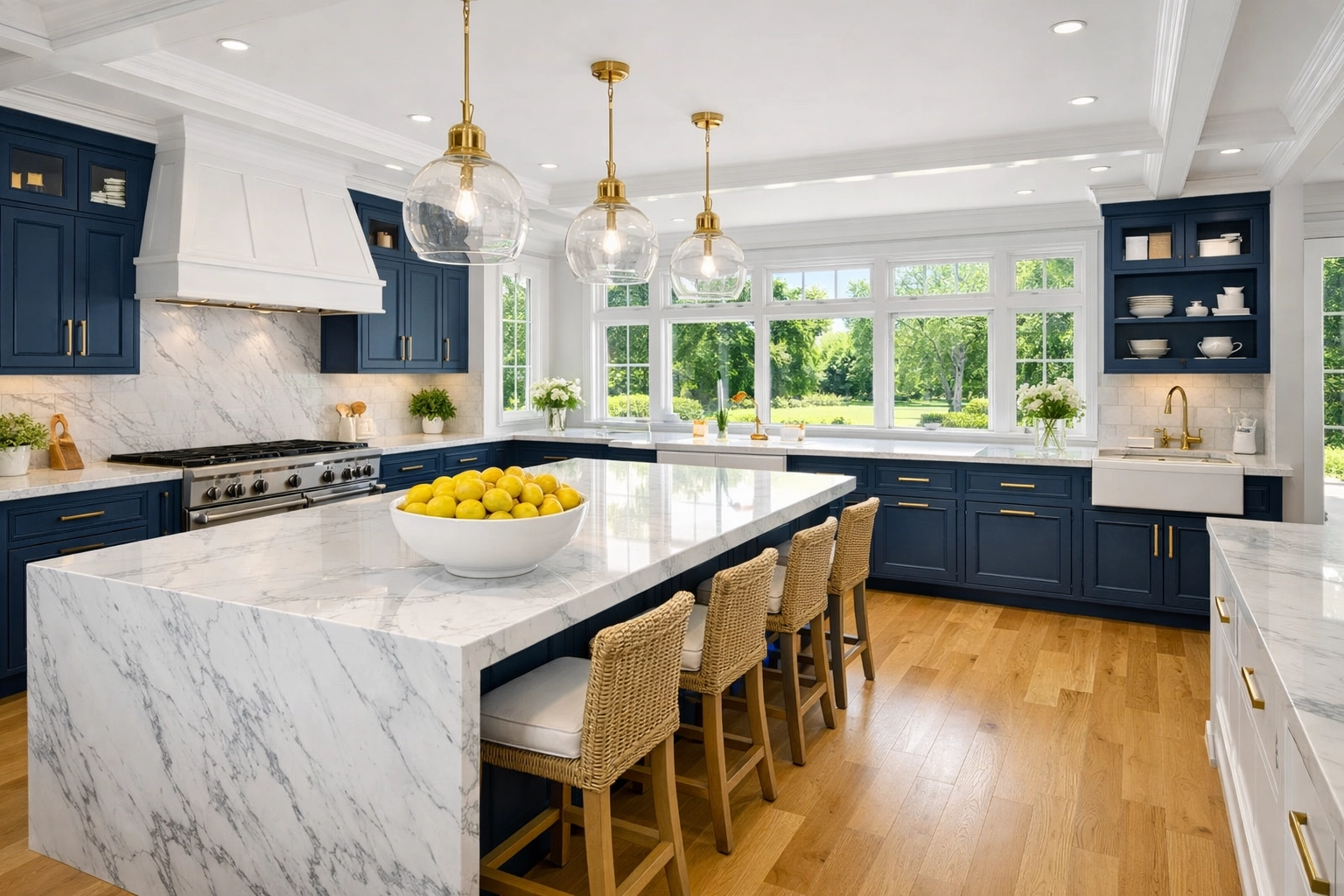 A spotless coastal kitchen showcasing luxury cleaning in Hingham with white marble islands and navy cabinets.