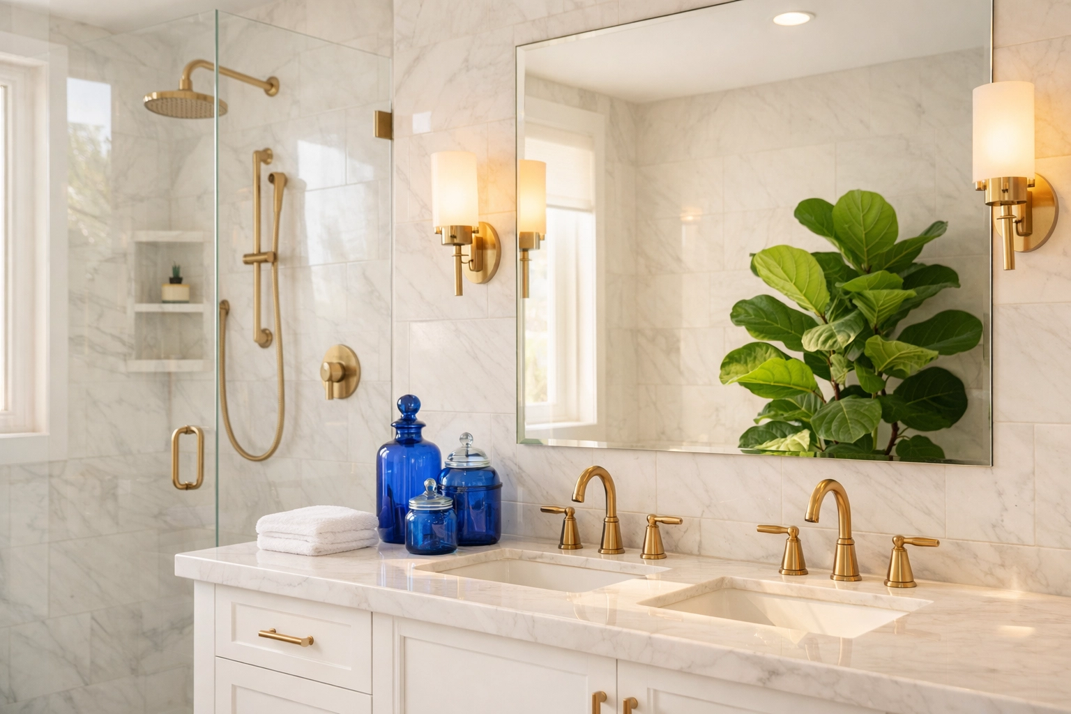 Sanitized high-end marble bathroom in Brewster, MA, featuring spotless surfaces and professional detailing.