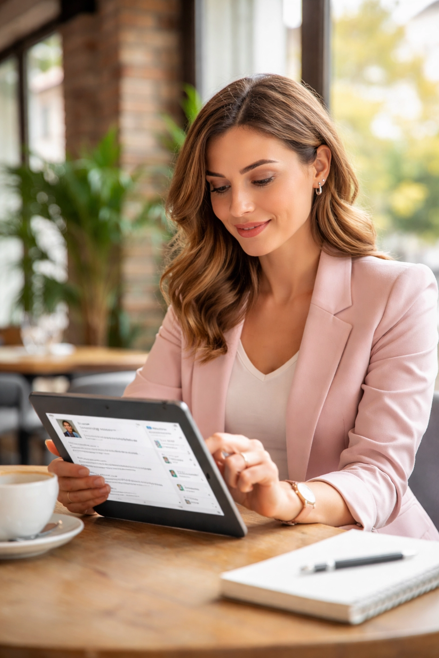 Professional woman managing LinkedIn content on a tablet for effective social media lead generation