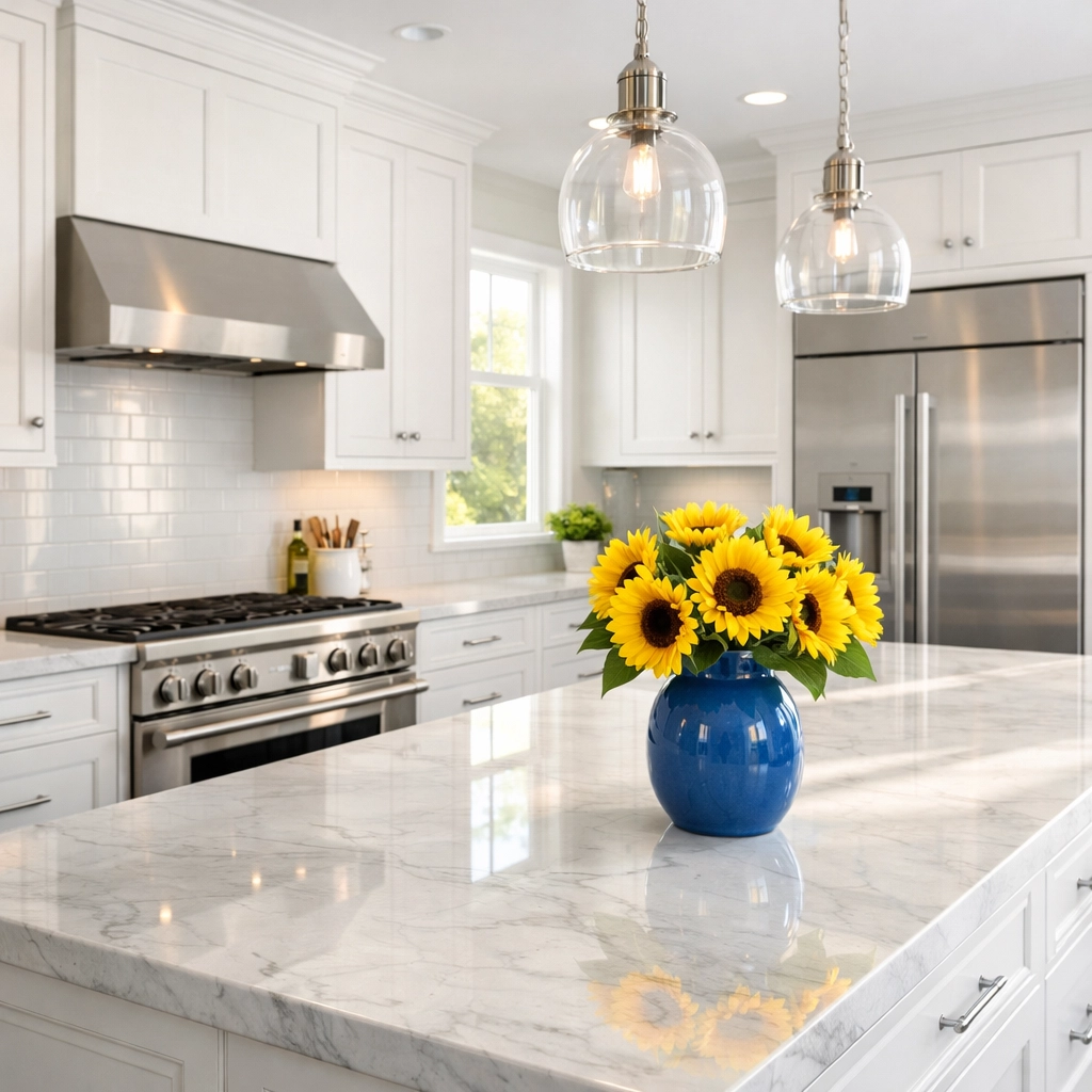 Sparkling modern kitchen with white marble, illustrating professional house cleaning Sterling MA standards.