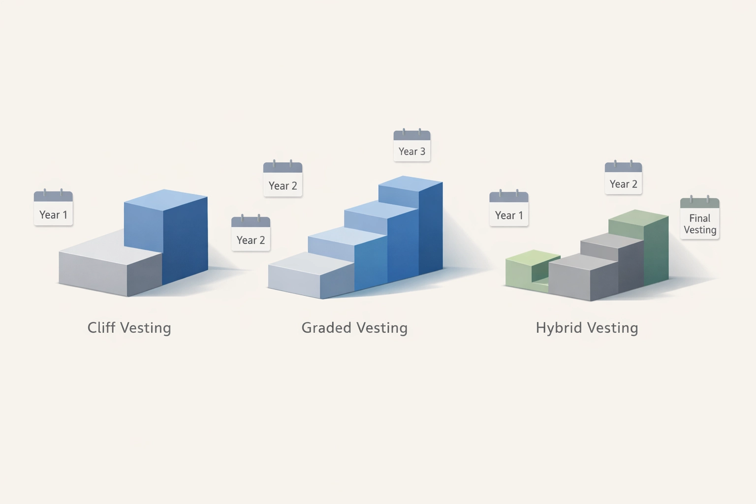 RSU vesting schedule timeline showing cliff graded and hybrid patterns
