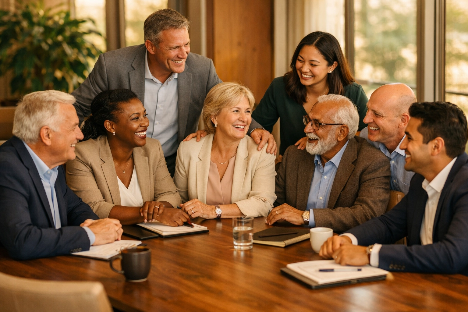 Retirement planning professionals gathered at conference table, building trust through shared values and partnership