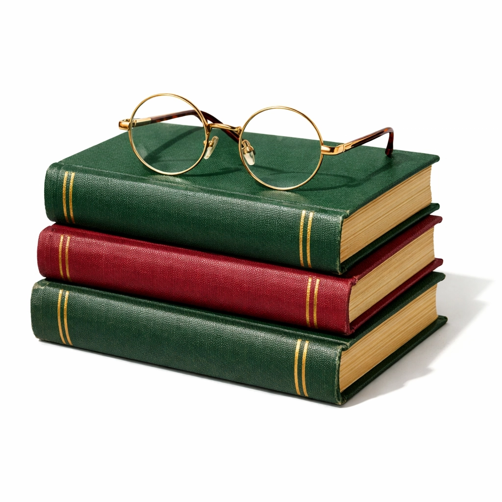 Vintage hardcover mystery books with gold spectacles for a cosy reading weekend.