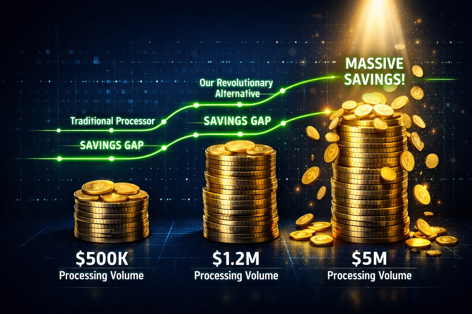 Crypto payment processing fee savings chart showing 80% reduction at higher volumes