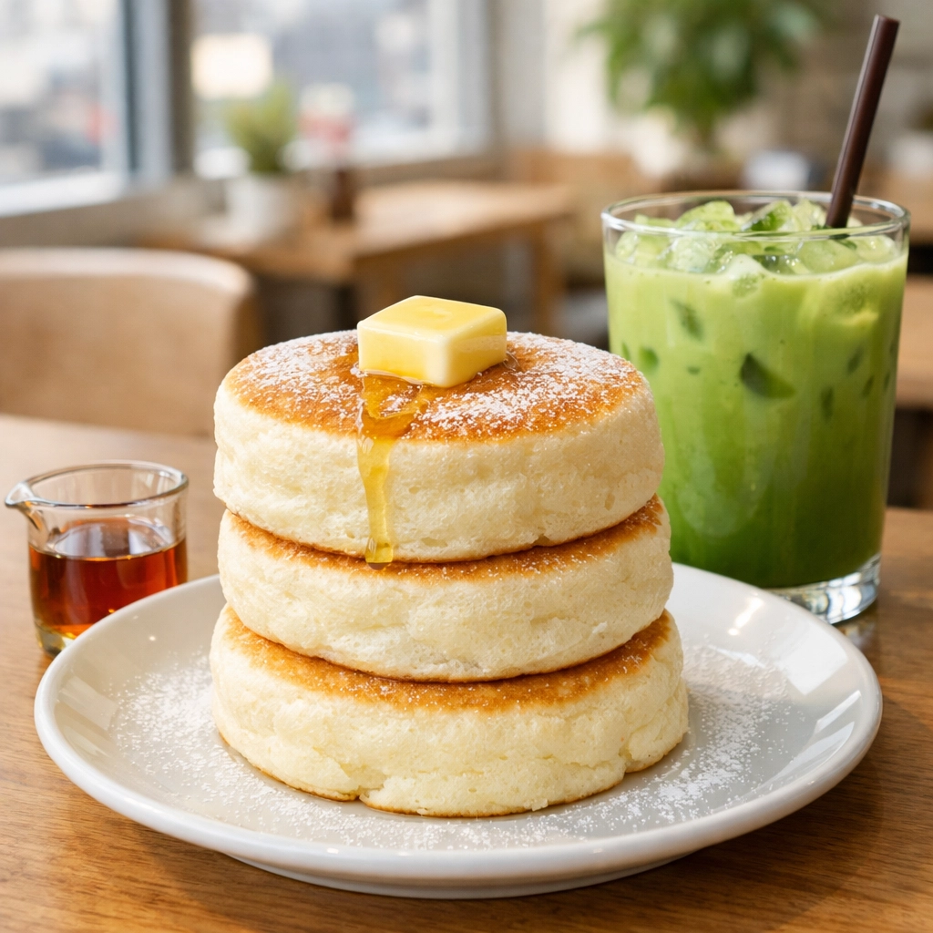 Fluffy Japanese soufflé pancakes and iced matcha latte at a bright Tokyo dessert cafe.
