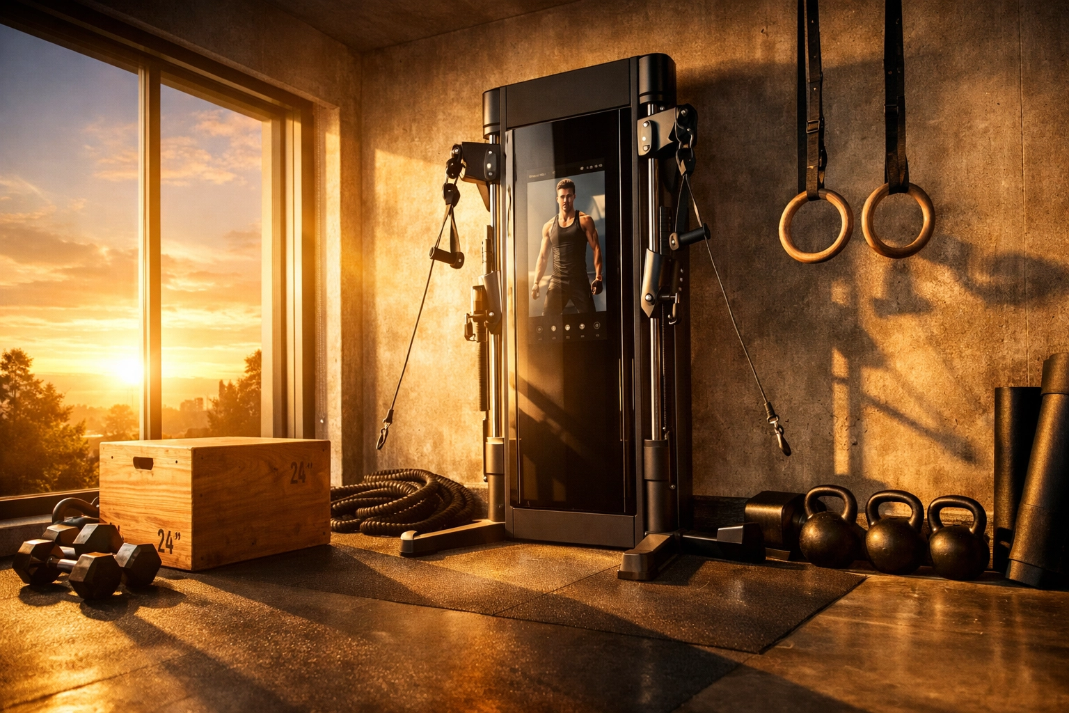 Elite home gym setup with a resistance rail for calisthenics and strength training.
