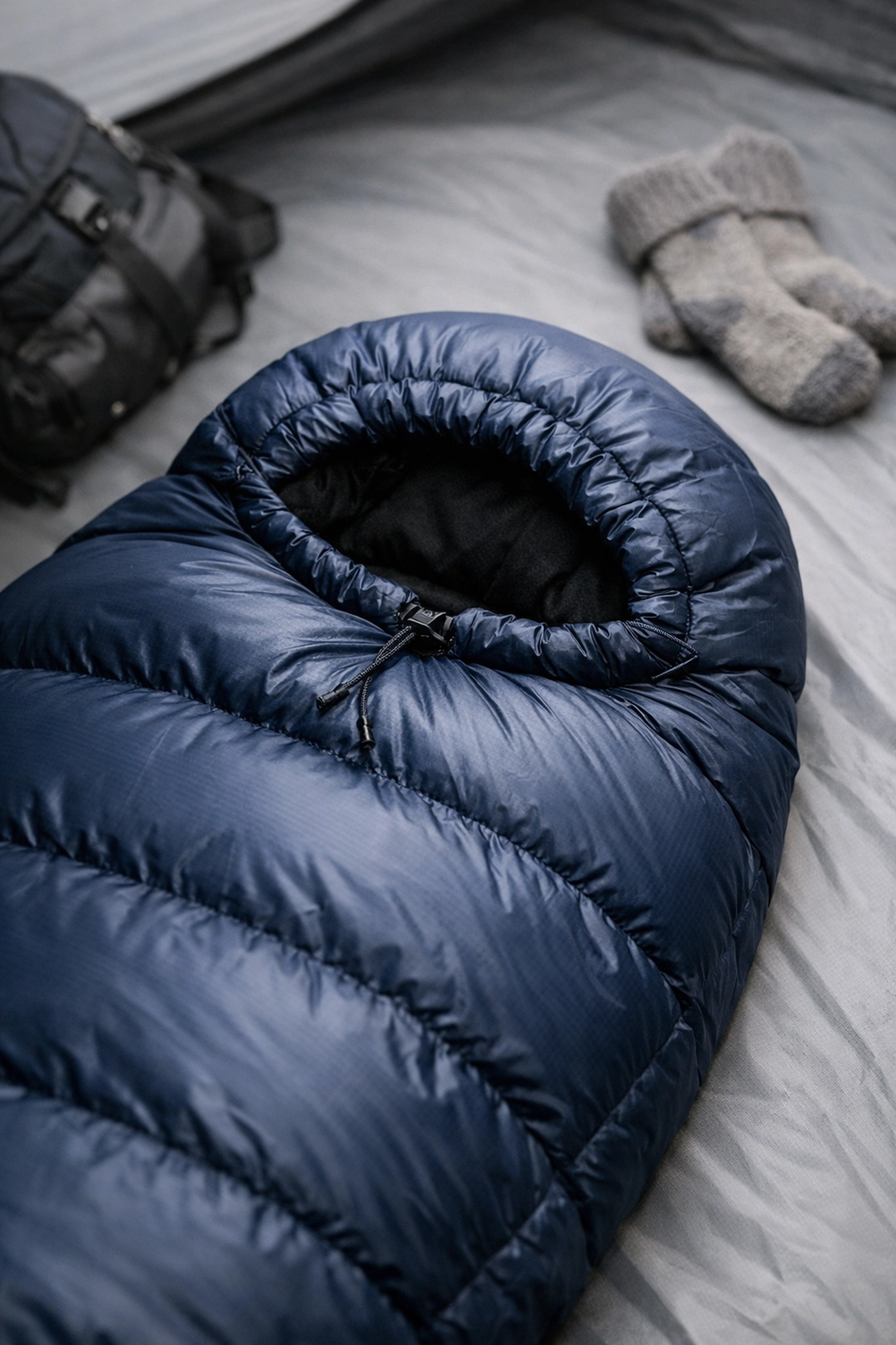 Cinched mummy sleeping bag hood preventing heat loss during a wild camping trip in the UK.