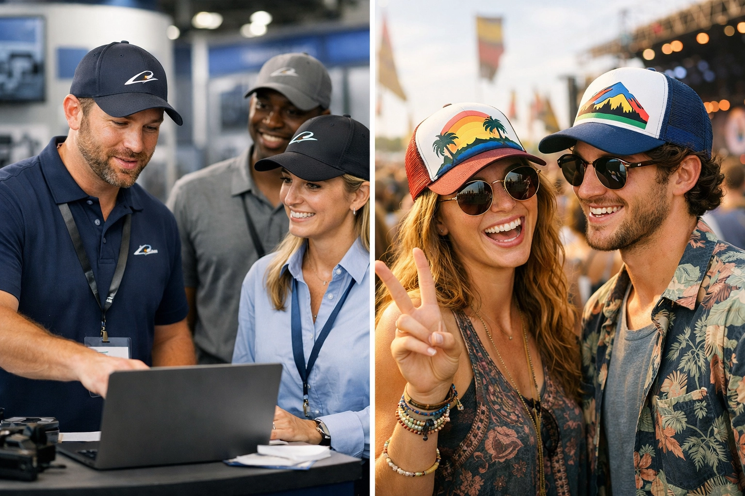 Professionals wearing custom embroidered hats and festival attendees in transfer-decorated trucker hats