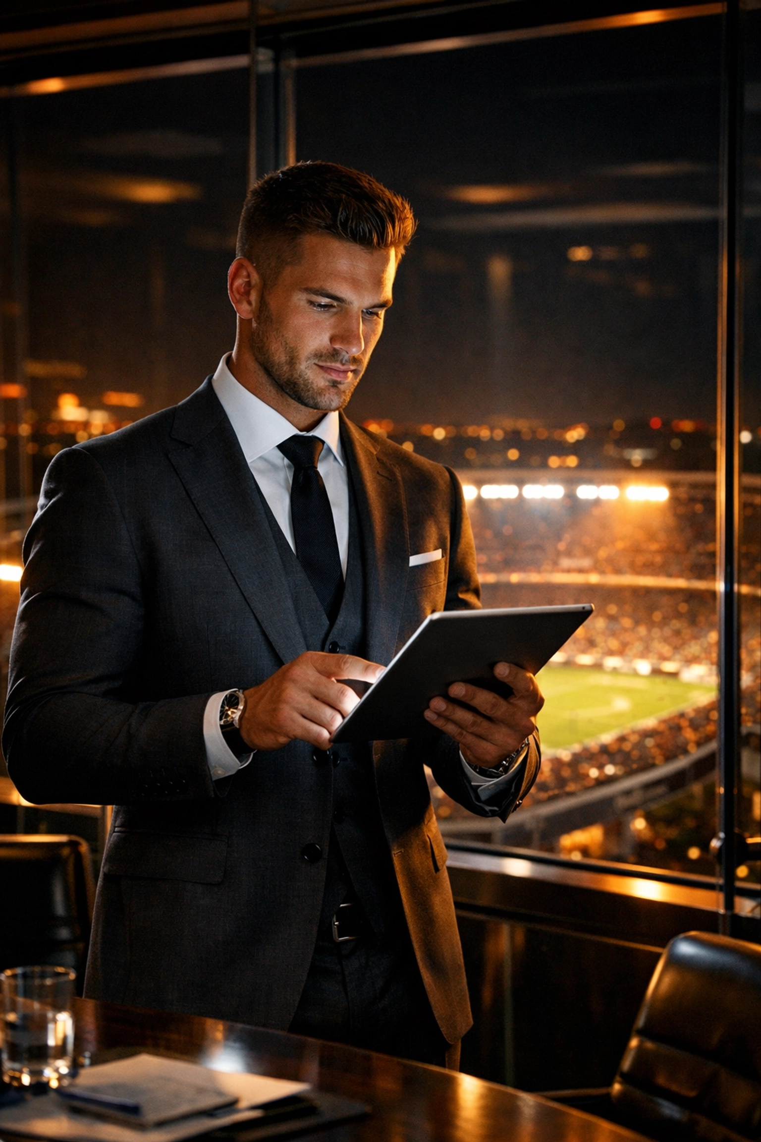 Elite athlete in a suit reviewing business analytics on a tablet for NIL equity partnerships.