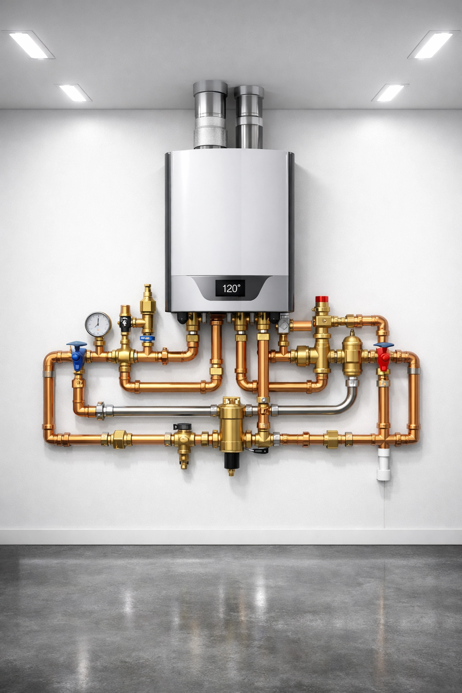 Energy efficient tankless water heater installation in a clean commercial mechanical room.