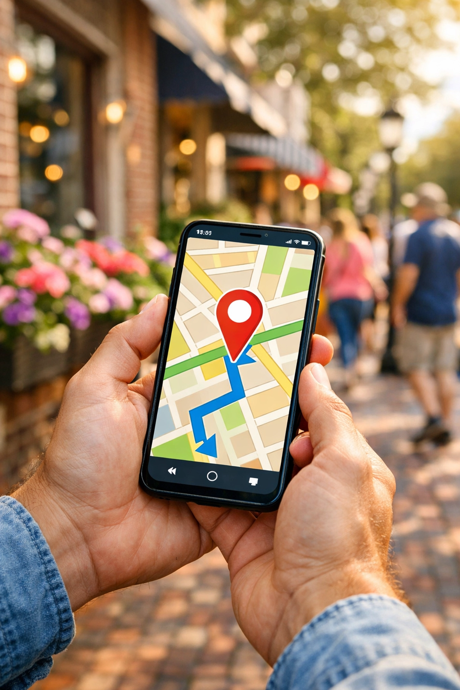 Smartphone map showing GPS navigation to a local business in downtown Summerville SC.