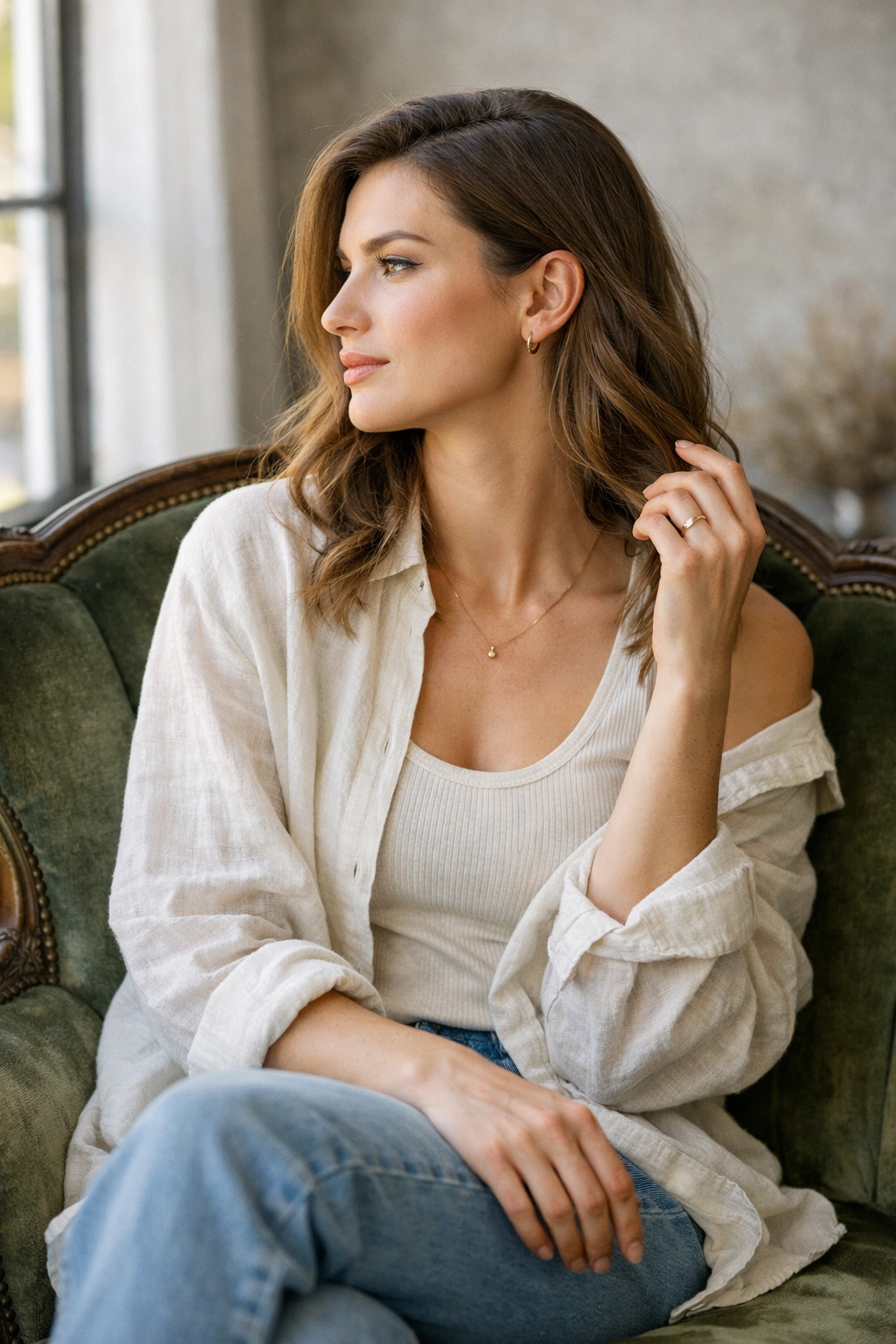 A woman posed on a vintage chair showing flattering angles and natural portrait photography techniques.