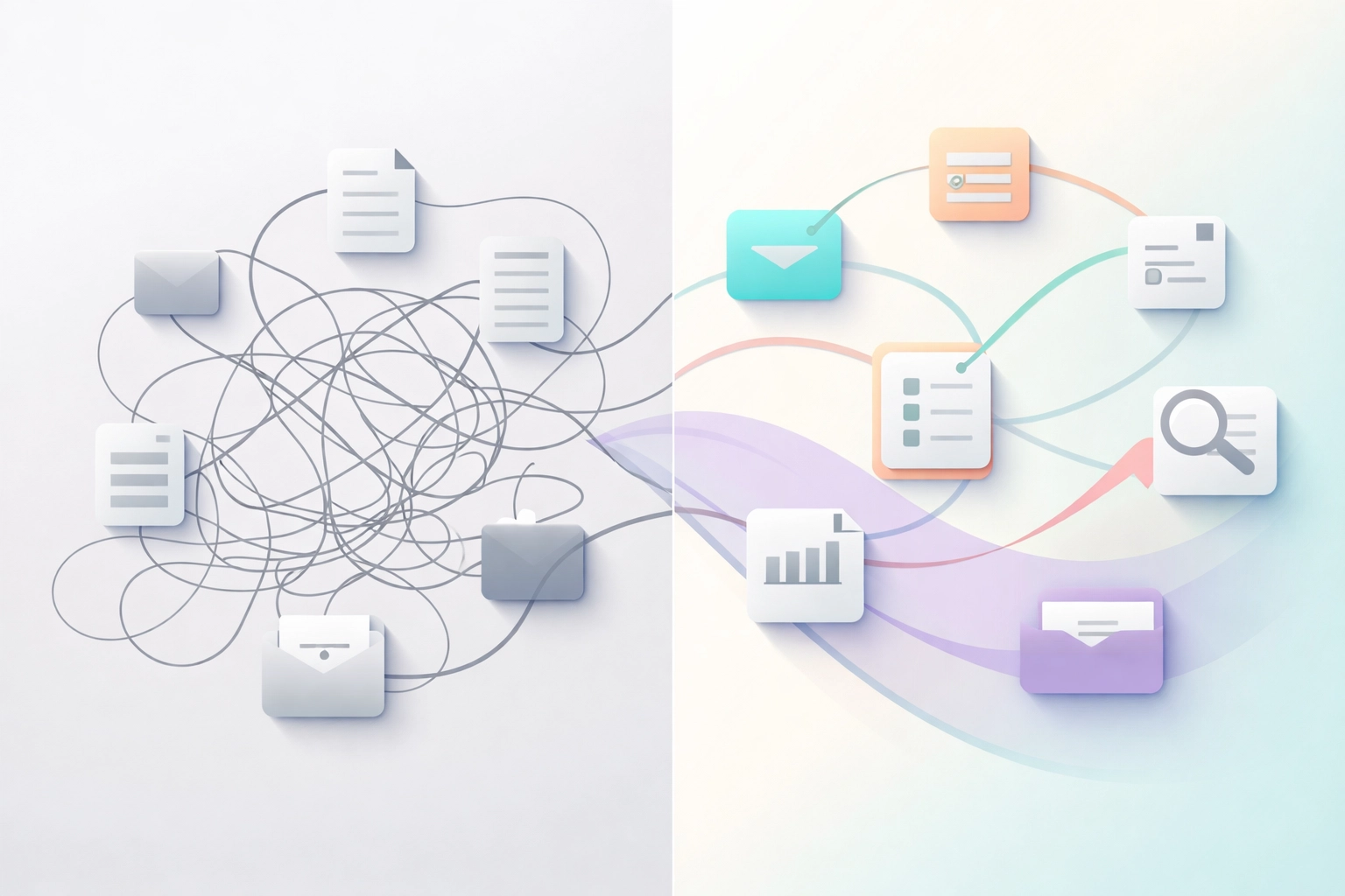 Before-and-after scene depicting messy versus organized data, highlighting efficiency with integrated business management software.