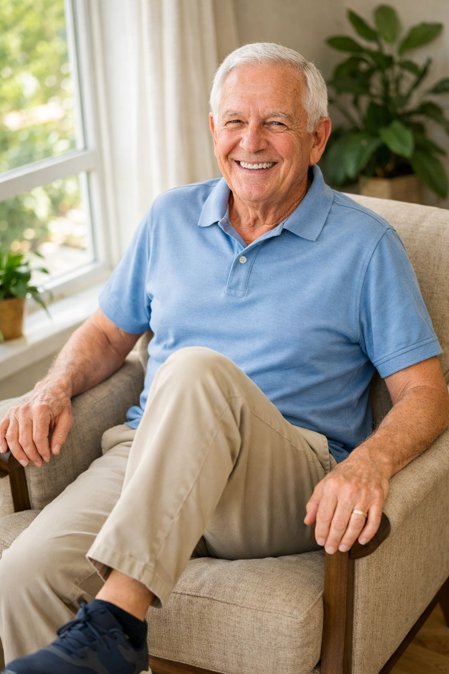 Senior man doing seated knee lift exercise in chair for balance training