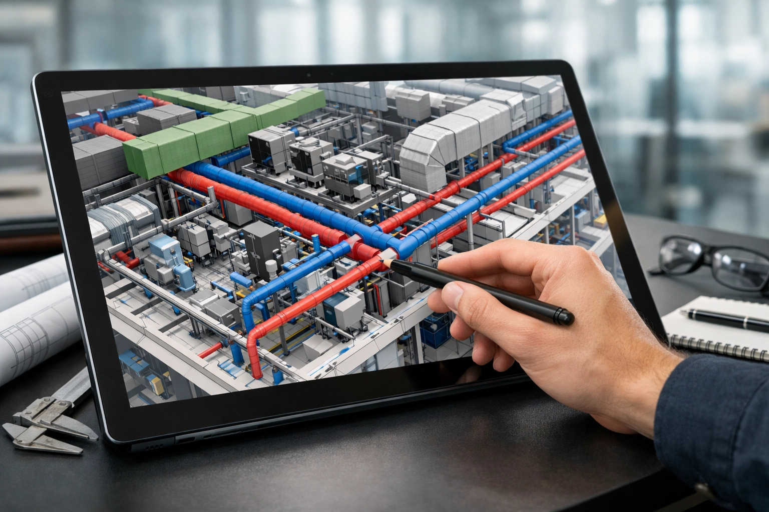 Professional plumbing contractor reviewing a 3D system design on a tablet to ensure code compliance.