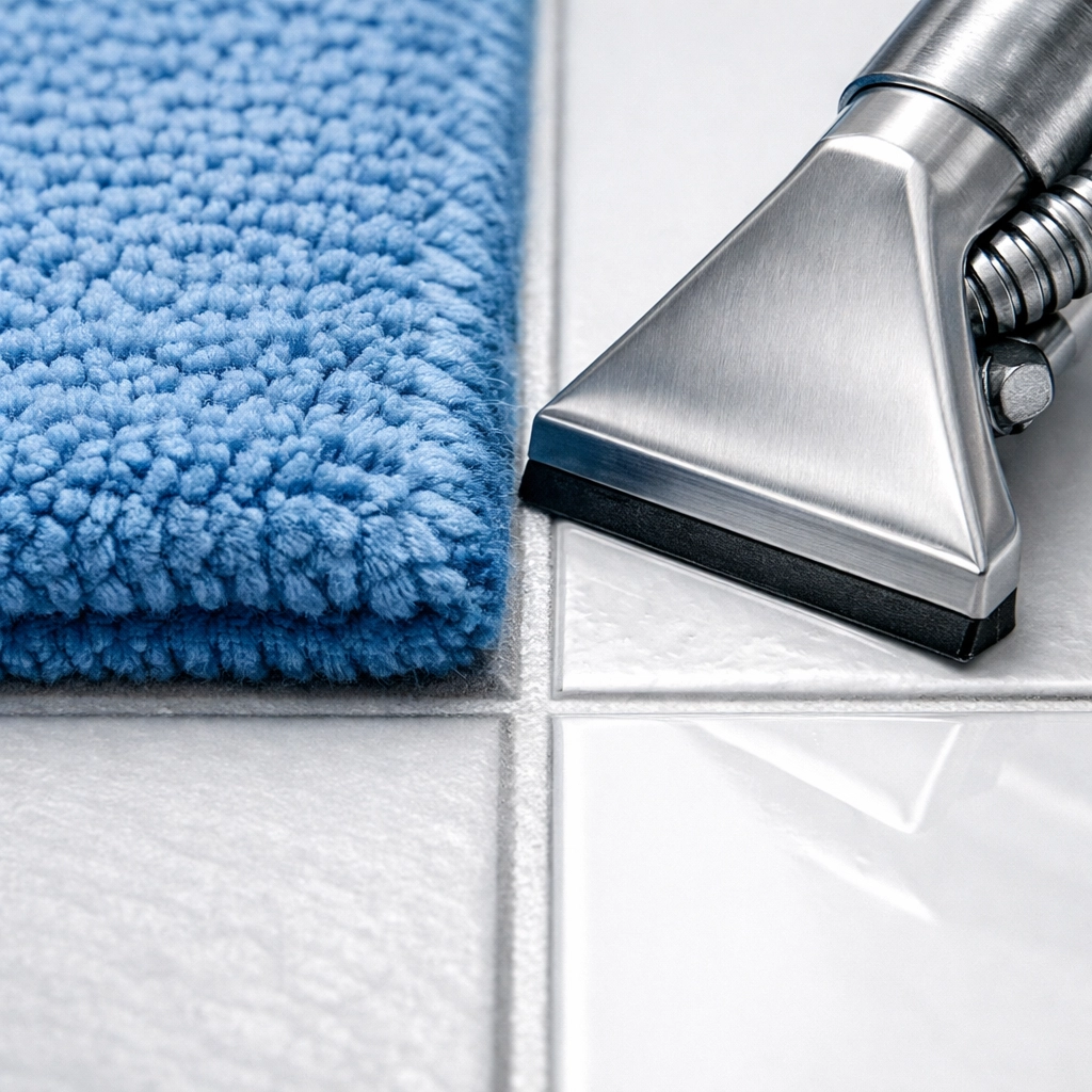 Professional cleaning equipment on polished tile floors in a Needham office or entryway.