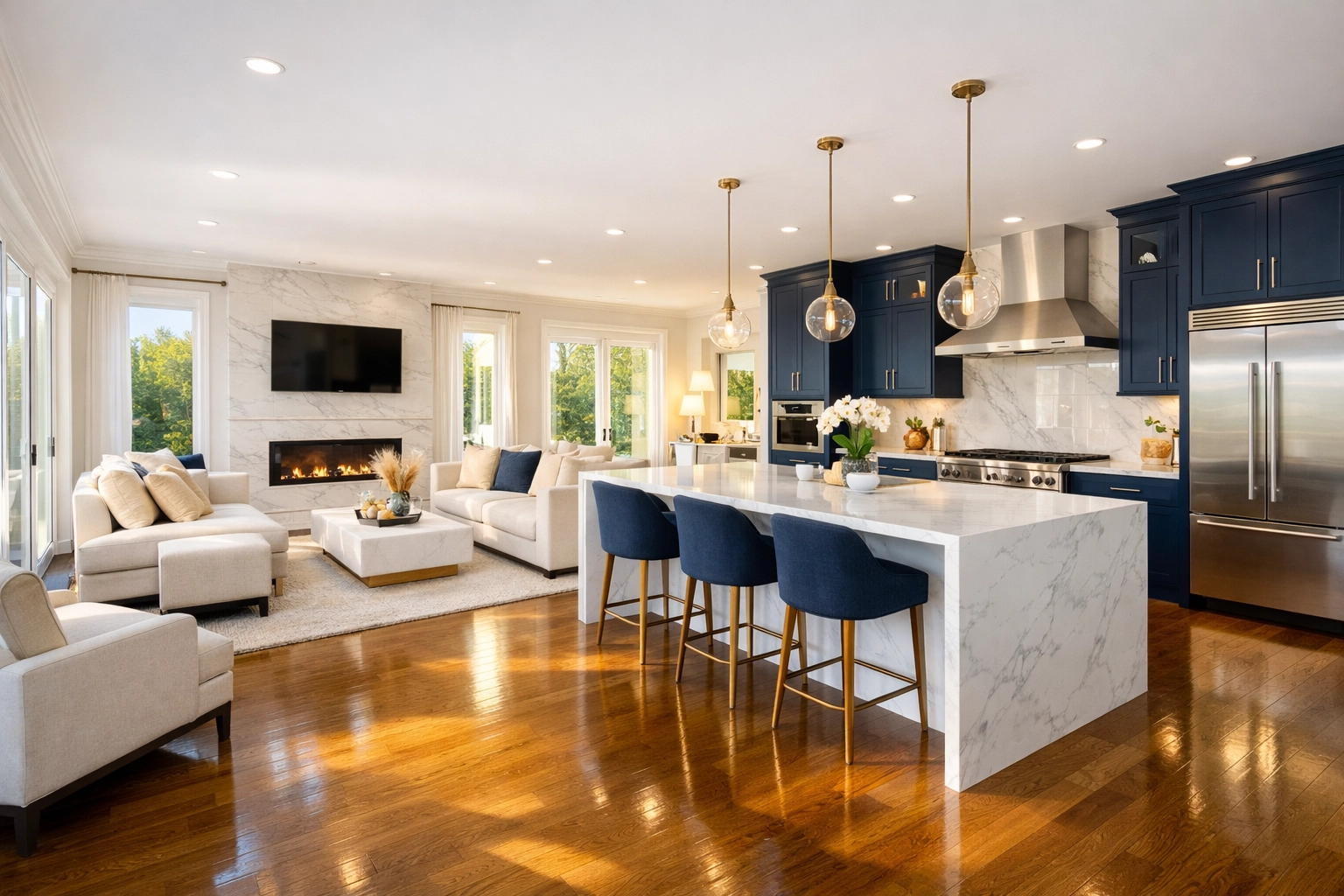 Immaculate living room and kitchen after professional residential cleaning in Leominster, MA.