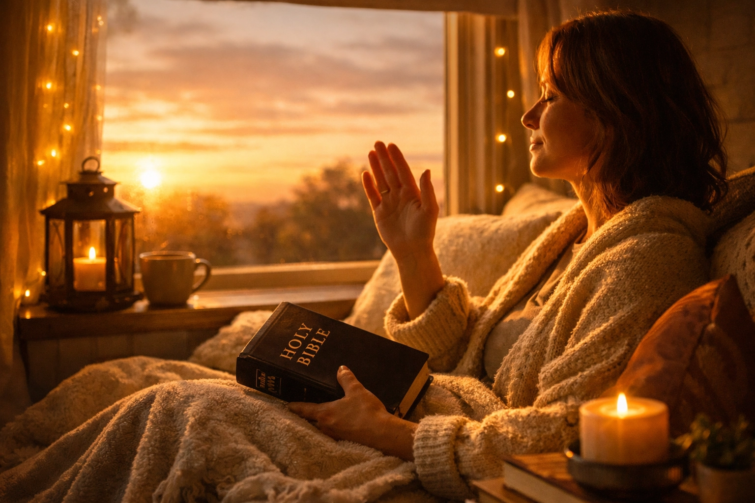 Person praying with open Bible in peaceful reading nook by window at sunset