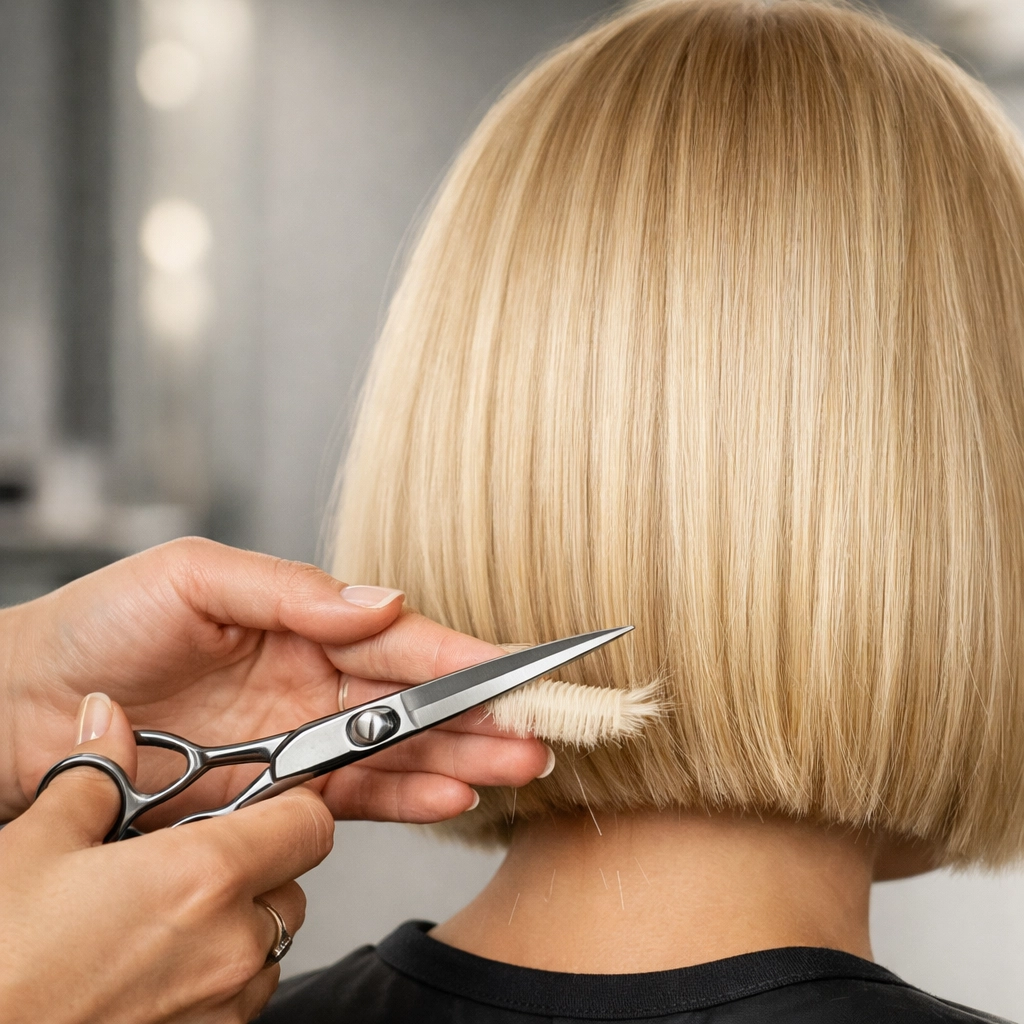 Professional stylist trimming blonde hair at our hair salon in Concord NH.