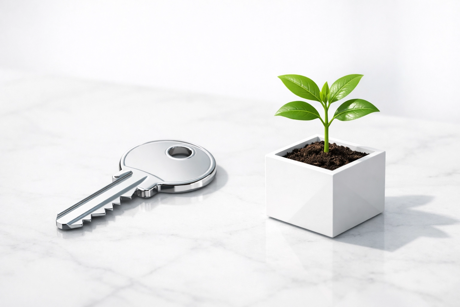 Modern house key next to a growing plant, symbolizing the shift from commissions to real estate investment capital.