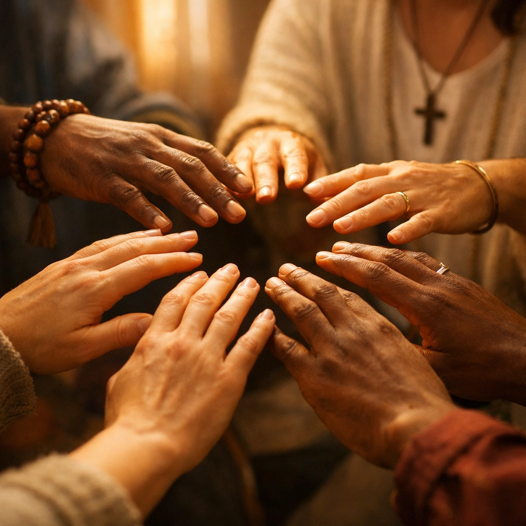 Diverse hands reaching together symbolizing unity and harmony across differences