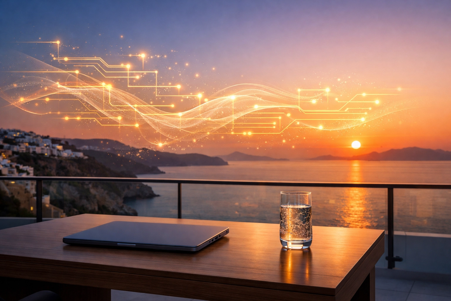 Modern minimalist office balcony at sunset representing automated business growth and freedom.